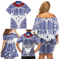 Personalised Toa Samoa Rugby Spirit Family Matching Off Shoulder Short Dress and Hawaiian Shirt White Samoan Tribal Pattern - Polynesian Pride