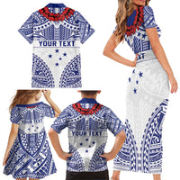 Personalised Toa Samoa Rugby Spirit Family Matching Short Sleeve Bodycon Dress and Hawaiian Shirt White Samoan Tribal Pattern - Polynesian Pride
