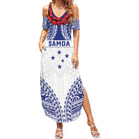 Personalised Toa Samoa Rugby Spirit Family Matching Summer Maxi Dress and Hawaiian Shirt White Samoan Tribal Pattern - Polynesian Pride