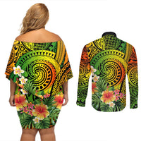 Polynesia Couples Matching Off Shoulder Short Dress and Long Sleeve Button Shirt Pasifika Tribal with Tropical Flowers LT9 - Polynesian Pride