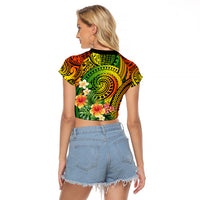 Polynesia Raglan Cropped T Shirt Pasifika Tribal with Tropical Flowers LT9 - Polynesian Pride