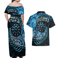 New Zealand Darts Personalised Couples Matching Off Shoulder Maxi Dress and Hawaiian Shirt Aotearoa Silver Fern Blue Papua Shell Spirit
