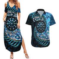 New Zealand Darts Personalised Couples Matching Summer Maxi Dress and Hawaiian Shirt Aotearoa Silver Fern Blue Papua Shell Spirit