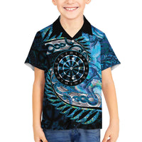 New Zealand Darts Personalised Family Matching Off Shoulder Short Dress and Hawaiian Shirt Aotearoa Silver Fern Blue Papua Shell Spirit