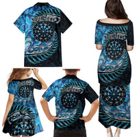 New Zealand Darts Personalised Family Matching Puletasi and Hawaiian Shirt Aotearoa Silver Fern Blue Papua Shell Spirit