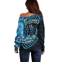 New Zealand Darts Personalised Off Shoulder Sweater Aotearoa Silver Fern Blue Papua Shell Spirit