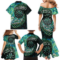 New Zealand Darts Personalised Family Matching Mermaid Dress and Hawaiian Shirt Aotearoa Silver Fern Green Papua Shell Spirit