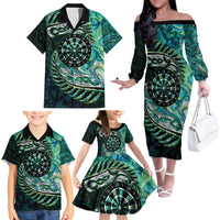 New Zealand Darts Personalised Family Matching Off The Shoulder Long Sleeve Dress and Hawaiian Shirt Aotearoa Silver Fern Green Papua Shell Spirit