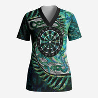 New Zealand Darts Personalised Scrub Top Aotearoa Silver Fern Green Papua Shell Spirit - Polynesian Pride