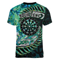 New Zealand Darts Personalised Women V-Neck T-Shirt Aotearoa Silver Fern Green Papua Shell Spirit