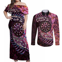 New Zealand Darts Personalised Couples Matching Off Shoulder Maxi Dress and Long Sleeve Button Shirt Aotearoa Silver Fern Pink Papua Shell Spirit