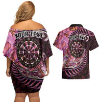 New Zealand Darts Personalised Couples Matching Off Shoulder Short Dress and Hawaiian Shirt Aotearoa Silver Fern Pink Papua Shell Spirit