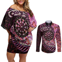 New Zealand Darts Personalised Couples Matching Off Shoulder Short Dress and Long Sleeve Button Shirt Aotearoa Silver Fern Pink Papua Shell Spirit