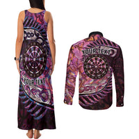 New Zealand Darts Personalised Couples Matching Tank Maxi Dress and Long Sleeve Button Shirt Aotearoa Silver Fern Pink Papua Shell Spirit