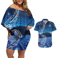 New Zealand Matariki Couples Matching Off Shoulder Short Dress and Hawaiian Shirt Taniko Aramoana With Koru Galaxy Sky Night