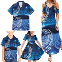 New Zealand Matariki Family Matching Summer Maxi Dress and Hawaiian Shirt Taniko Aramoana With Koru Galaxy Sky Night