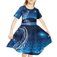 New Zealand Matariki Kid Short Sleeve Dress Taniko Aramoana With Koru Galaxy Sky Night