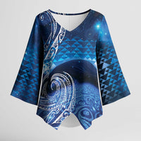 New Zealand Matariki Kimono Sleeve Blouse Taniko Aramoana With Koru Galaxy Sky Night - Polynesian Pride