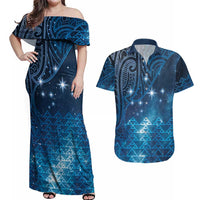 New Zealand Matariki Couples Matching Off Shoulder Maxi Dress and Hawaiian Shirt Taniko Aramoana With Maori Galaxy Sky Night