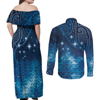 New Zealand Matariki Couples Matching Off Shoulder Maxi Dress and Long Sleeve Button Shirt Taniko Aramoana With Maori Galaxy Sky Night