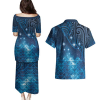 New Zealand Matariki Couples Matching Puletasi and Hawaiian Shirt Taniko Aramoana With Maori Galaxy Sky Night