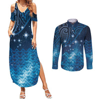 New Zealand Matariki Couples Matching Summer Maxi Dress and Long Sleeve Button Shirt Taniko Aramoana With Maori Galaxy Sky Night