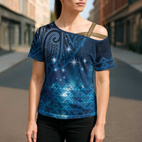 New Zealand Matariki Cross Shoulder Shirt Taniko Aramoana With Maori Galaxy Sky Night - Polynesian Pride