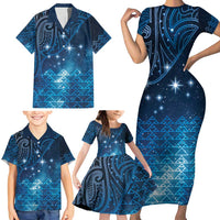 New Zealand Matariki Family Matching Short Sleeve Bodycon Dress and Hawaiian Shirt Taniko Aramoana With Maori Galaxy Sky Night
