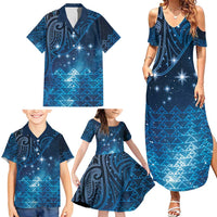 New Zealand Matariki Family Matching Summer Maxi Dress and Hawaiian Shirt Taniko Aramoana With Maori Galaxy Sky Night