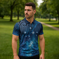 New Zealand Matariki Zipper Polo Shirt Taniko Aramoana With Maori Galaxy Sky Night - Polynesian Pride