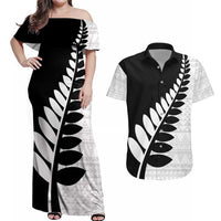New Zealand Silver Fern Niho Taniwha Couples Matching Off Shoulder Maxi Dress and Hawaiian Shirt