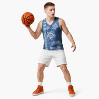 Blue Hibiscus Turle Basketball Jersey Hawaiian Style Tribal Tapa Pattern - Polynesian Pride