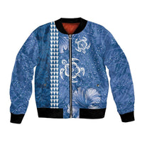 Blue Hibiscus Turle Bomber Jacket Hawaiian Style Tribal Tapa Pattern