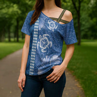 Blue Hibiscus Turle Cross Shoulder Shirt Hawaiian Style Tribal Tapa Pattern - Polynesian Pride