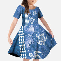Blue Hibiscus Turle Family Matching Long Sleeve Bodycon Dress and Hawaiian Shirt Hawaiian Style Tribal Tapa Pattern
