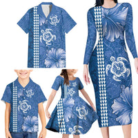 Blue Hibiscus Turle Family Matching Long Sleeve Bodycon Dress and Hawaiian Shirt Hawaiian Style Tribal Tapa Pattern