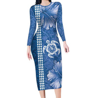 Blue Hibiscus Turle Family Matching Long Sleeve Bodycon Dress and Hawaiian Shirt Hawaiian Style Tribal Tapa Pattern