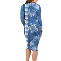 Blue Hibiscus Turle Family Matching Long Sleeve Bodycon Dress and Hawaiian Shirt Hawaiian Style Tribal Tapa Pattern
