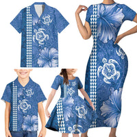 Blue Hibiscus Turle Family Matching Short Sleeve Bodycon Dress and Hawaiian Shirt Hawaiian Style Tribal Tapa Pattern