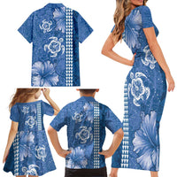 Blue Hibiscus Turle Family Matching Short Sleeve Bodycon Dress and Hawaiian Shirt Hawaiian Style Tribal Tapa Pattern