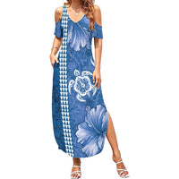 Blue Hibiscus Turle Family Matching Summer Maxi Dress and Hawaiian Shirt Hawaiian Style Tribal Tapa Pattern