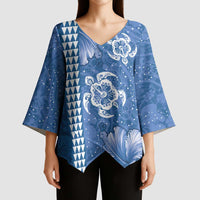 Blue Hibiscus Turle Kimono Sleeve Blouse Hawaiian Style Tribal Tapa Pattern - Polynesian Pride