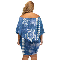 Blue Hibiscus Turle Off Shoulder Short Dress Hawaiian Style Tribal Tapa Pattern