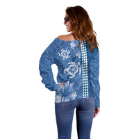 Blue Hibiscus Turle Off Shoulder Sweater Hawaiian Style Tribal Tapa Pattern