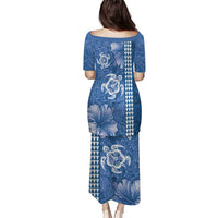 Blue Hibiscus Turle Puletasi Hawaiian Style Tribal Tapa Pattern