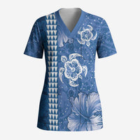 Blue Hibiscus Turle Scrub Top Hawaiian Style Tribal Tapa Pattern - Polynesian Pride
