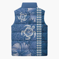 Blue Hibiscus Turle Sleeveless Puffer Jacket Hawaiian Style Tribal Tapa Pattern - Polynesian Pride