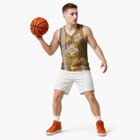 Gold Hibiscus Turle Basketball Jersey Hawaiian Style Tribal Tapa Pattern - Polynesian Pride
