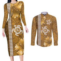 Gold Hibiscus Turle Couples Matching Long Sleeve Bodycon Dress and Long Sleeve Button Shirt Hawaiian Style Tribal Tapa Pattern