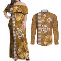 Gold Hibiscus Turle Couples Matching Off Shoulder Maxi Dress and Long Sleeve Button Shirt Hawaiian Style Tribal Tapa Pattern LT9 Gold - Polynesian Pride